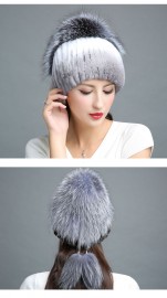 Real Rex Rabbit Fur Hat Decorated with Silver Fox Fur