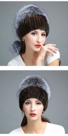 Women Knitted Mink Fur Hat Decorated with Silver Fox Fur