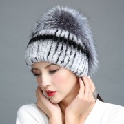 Real Rex Rabbit Fur Hat Decorated with Silver Fox Fur