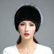 Women Knitted Mink Fur Hat Decorated with Silver Fox Fur