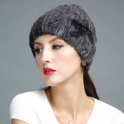 Knitted Mink Fur Hat Decorated with Flower