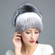 Real Rex Rabbit Fur Hat Decorated with Silver Fox Fur