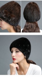 Knitted Mink Fur Hat Decorated with Flower