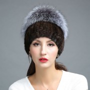 Women Knitted Mink Fur Hat Decorated with Silver Fox Fur