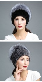 Fashionable Knitted Mink Fur Hat Decorated with Silver Fox Fur