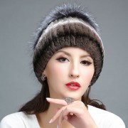 Real Rex Rabbit Fur Hat Decorated with Silver Fox Fur