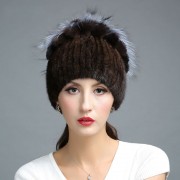 Women Knitted Mink Fur Hat Decorated with Silver Fox Fur