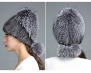 Women Knitted Mink Fur Hat Decorated with Silver Fox Fur