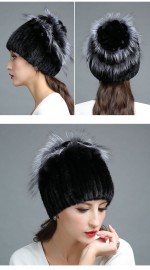 Women Knitted Mink Fur Hat Decorated with Silver Fox Fur