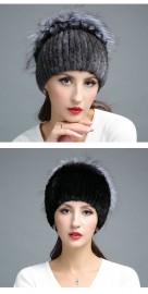 Women Knitted Mink Fur Hat Decorated with Silver Fox Fur