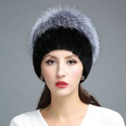 Fashionable Knitted Mink Fur Hat Decorated with Silver Fox Fur