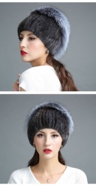 Knitted Mink Fur Hat Decorated with Silver Fox Fur