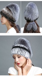 Real Rex Rabbit Fur Hat Decorated with Silver Fox Fur