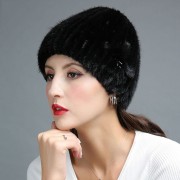 Knitted Mink Fur Hat Decorated with Flower