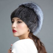 Knitted Mink Fur Hat Decorated with Silver Fox Fur