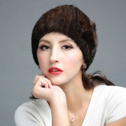 Knitted Mink Fur Hat Decorated with Flower