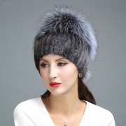 Women Knitted Mink Fur Hat Decorated with Silver Fox Fur