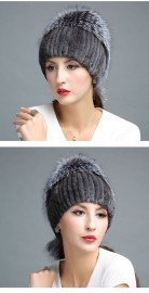 Women Knitted Mink Fur Hat Decorated with Silver Fox Fur