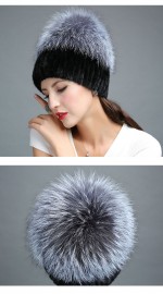 Fashionable Knitted Mink Fur Hat Decorated with Silver Fox Fur