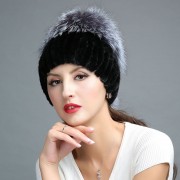 Women Knitted Mink Fur Hat Decorated with Silver Fox Fur