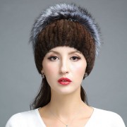 Knitted Mink Fur Hat Decorated with Silver Fox Fur