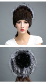 Women Knitted Mink Fur Hat Decorated with Silver Fox Fur