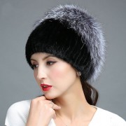 Knitted Mink Fur Hat Decorated with Silver Fox Fur