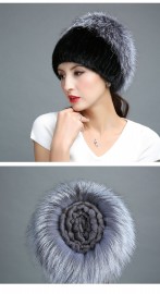 Knitted Mink Fur Hat Decorated with Silver Fox Fur