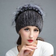 Women Knitted Mink Fur Hat Decorated with Silver Fox Fur