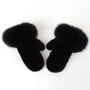 Women Knitted Mink Fur Gloves Decorated with Fox Fur