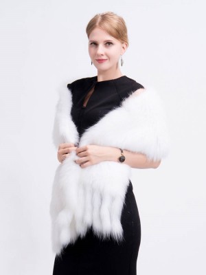 White Knitted Fox Fur Shawl with Fringes