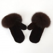 Women Knitted Mink Fur Gloves Decorated with Fox Fur