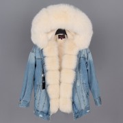 Natural Rabbit Fur Lined Denim Jacket Women Fox Fur Parka