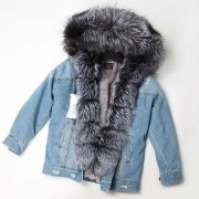 Natural Rabbit Fur Lined Denim Jacket Women Fox Fur Parka