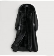 Women Wool Blends Coat Rex Rabbit Fur Liner Fox Fur Collar