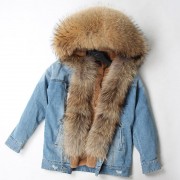 Natural Rabbit Fur Lined Denim Jacket Women Fox Fur Parka