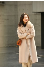 Women Wool Blends Coat Rex Rabbit Fur Liner Fox Fur Collar