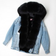 Natural Rabbit Fur Lined Denim Jacket Women Fox Fur Parka