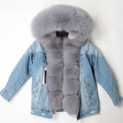 Natural Rabbit Fur Lined Denim Jacket Women Fox Fur Parka