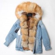 Natural Rabbit Fur Lined Denim Jacket Women Fox Fur Parka