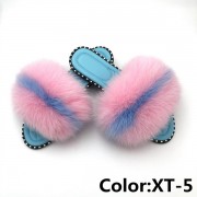 Summer Real Fur Fox Slides Furry Slippers Multicolor Fluffy Slides