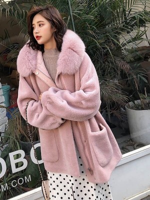 Women Real Wool Fur Coat with Fox Fur Collar Hood