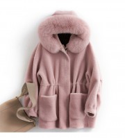 Women Real Wool Fur Coat with Fox Fur Collar Hood