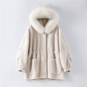 Women Real Wool Fur Coat with Fox Fur Collar Hood