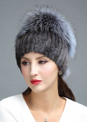 Women Knitted Mink Fur Hat Decorated with Silver Fox Fur