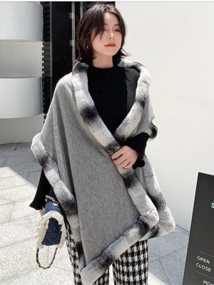 Women Cashmere with Real Rex Rabbit Fur Trim Shawl Chinchilla Design