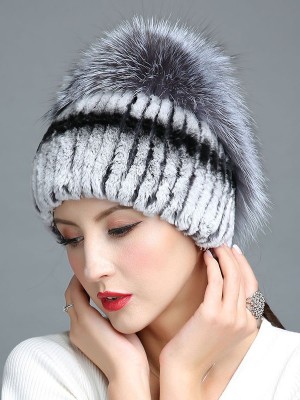 Real Rex Rabbit Fur Hat Decorated with Silver Fox Fur