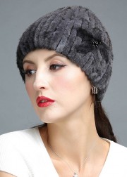 Knitted Mink Fur Hat Decorated with Flower