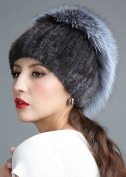 Knitted Mink Fur Hat Decorated with Silver Fox Fur