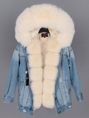 Natural Rabbit Fur Lined Denim Jacket Women Fox Fur Parka